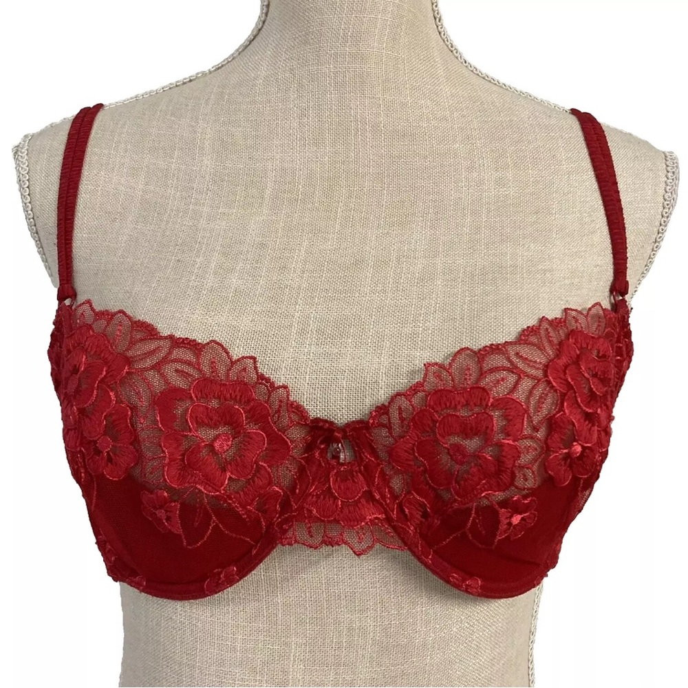 Victorias Secret 34D Dream Angels Padded Lined Balconet Bra Lacey Red Floral